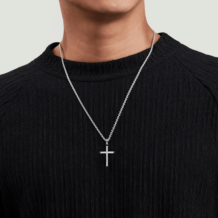 Silver Black Spinel Twisted Rope Cross Pendant Necklace