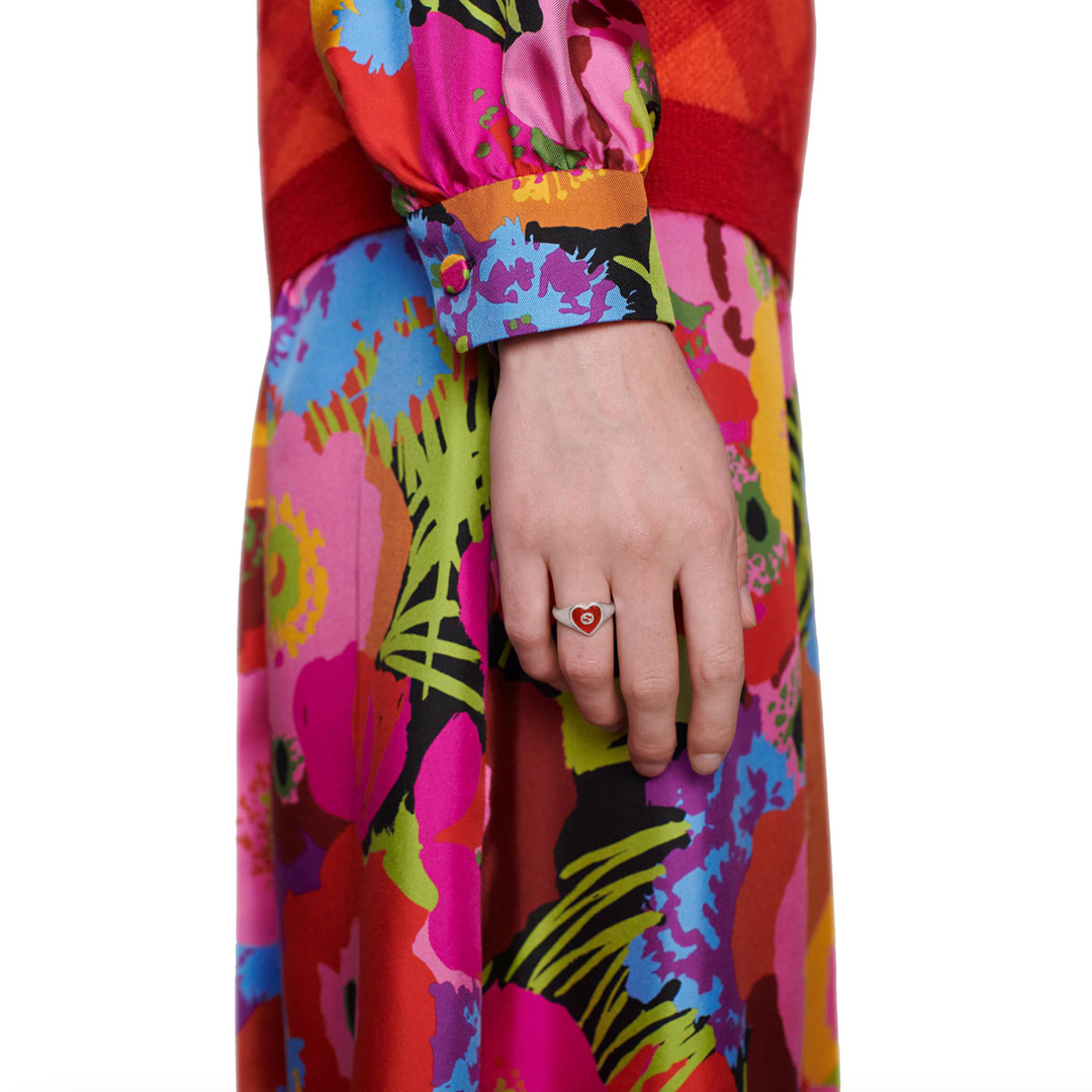 Heart Red Enamel Heart Silver Ring