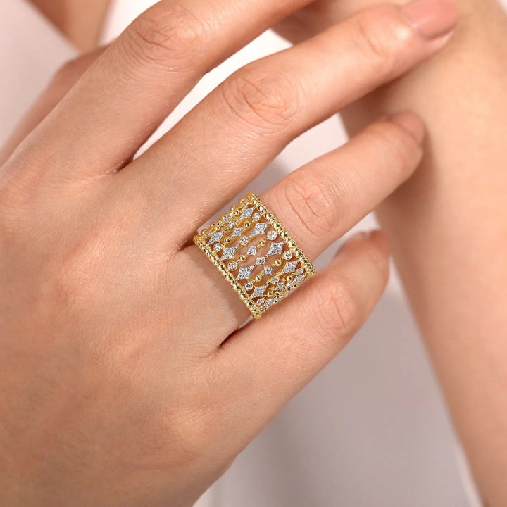 Beaded Gold and Diamond Statement Ring