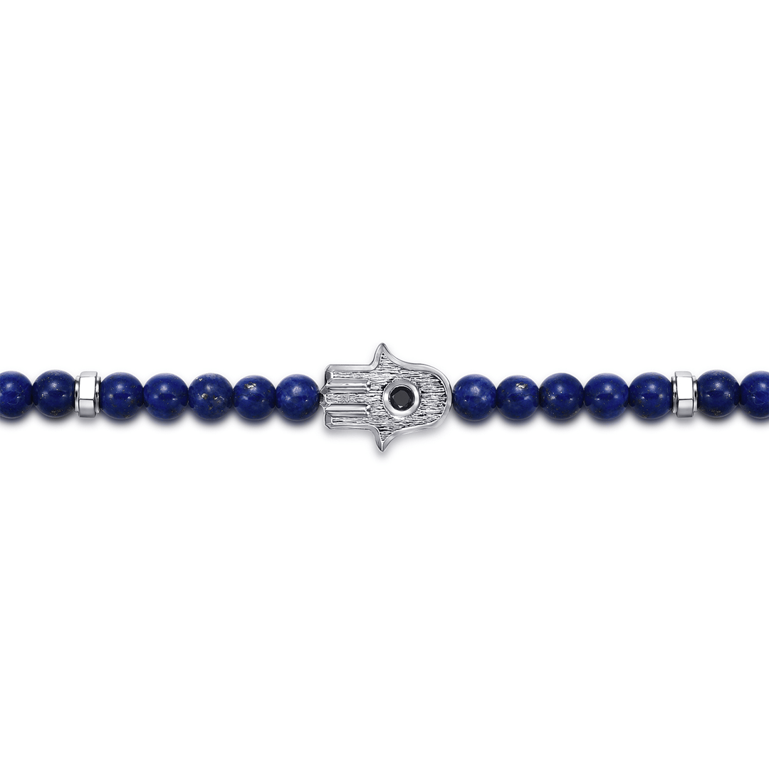 Silver and Lapis Mens Bracelet with Black Spinel Hamsa