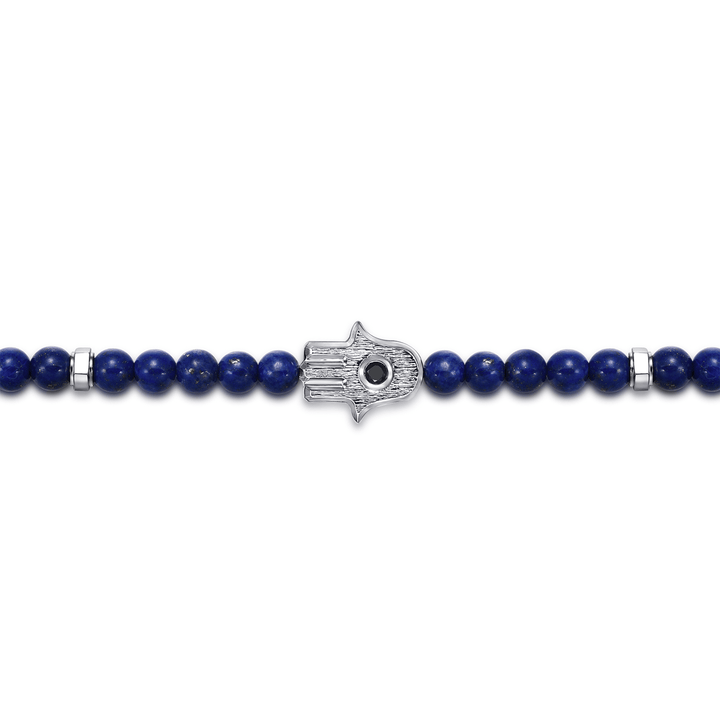 Silver and Lapis Mens Bracelet with Black Spinel Hamsa