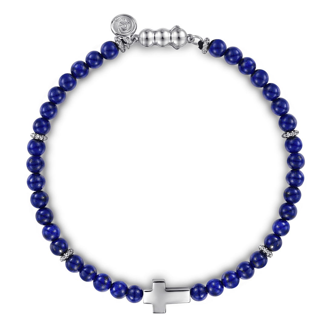 Silver Cross Bracelet Lapis Beads