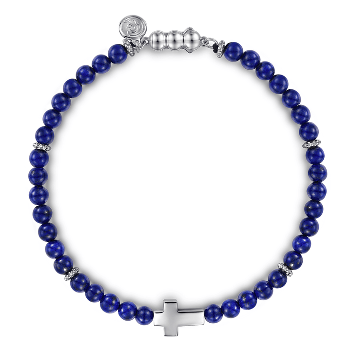 Silver Cross Bracelet Lapis Beads