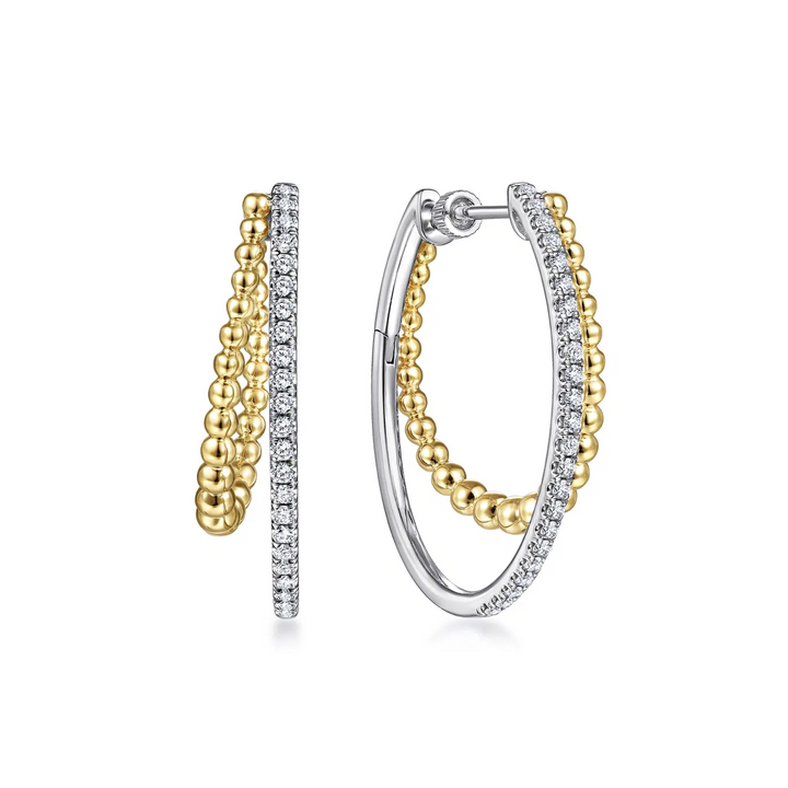 14K Yellow-White Gold 30mm Split Diamond Bujukan Classic Hoop Earrings