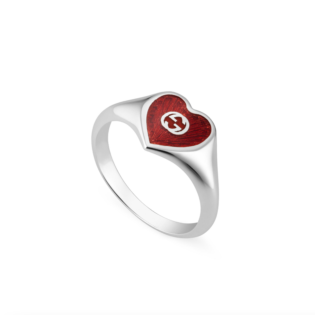 Heart Red Enamel Heart Silver Ring