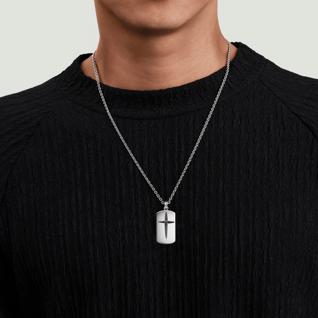 Silver Cross Dog Tag Pendant Necklace