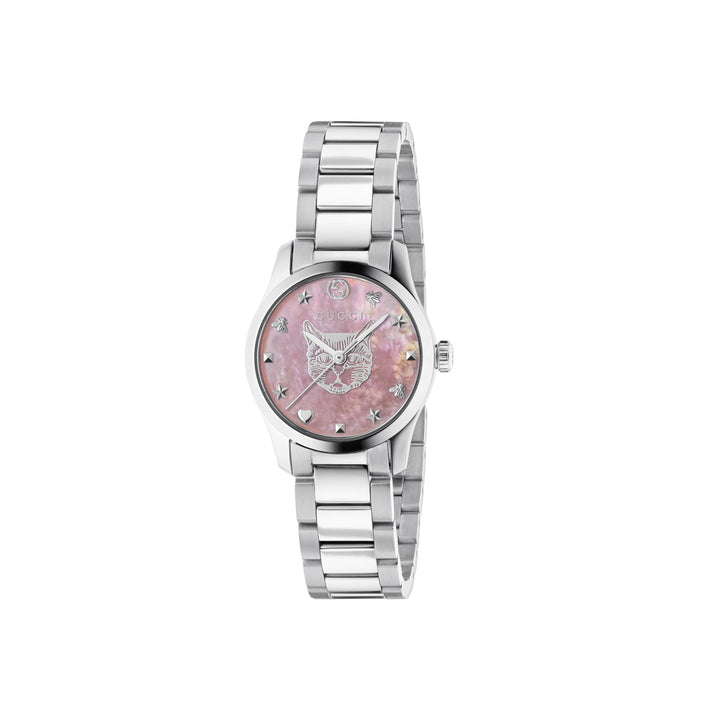 YA1265013|GUCCI |G-TIMELESS |SM Steel Watch; Pink MOP Gatto Dial