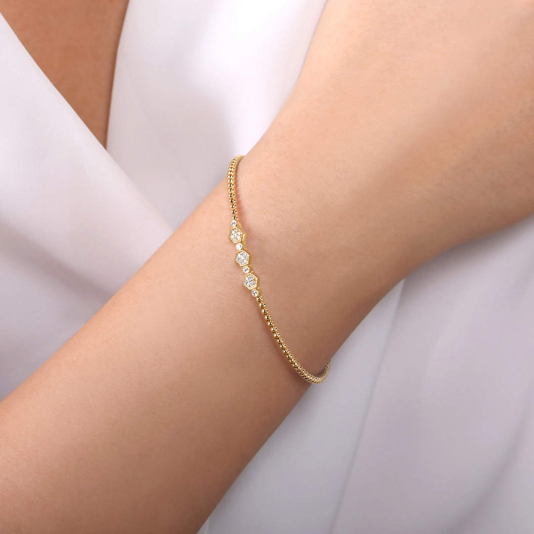Hexagonal Diamond Yellow Gold Bangle Bracelet