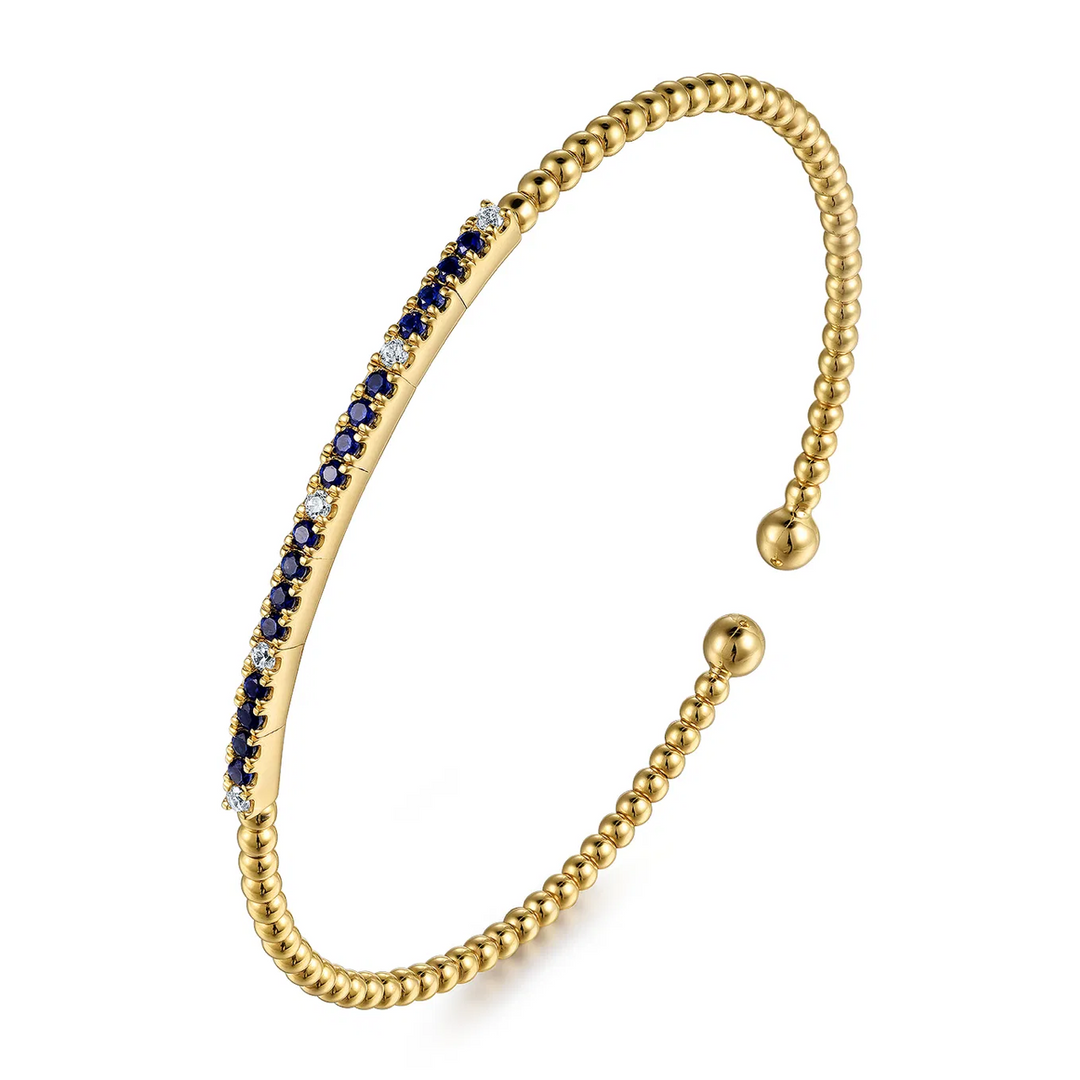14K Yellow Gold Bujukan Diamond and Blue Sapphire Split Bangle