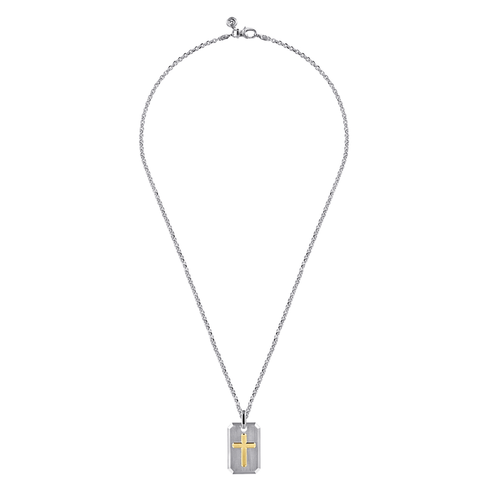 Silver and Yellow Gold Dog Tag with Cross Pendant Necklace