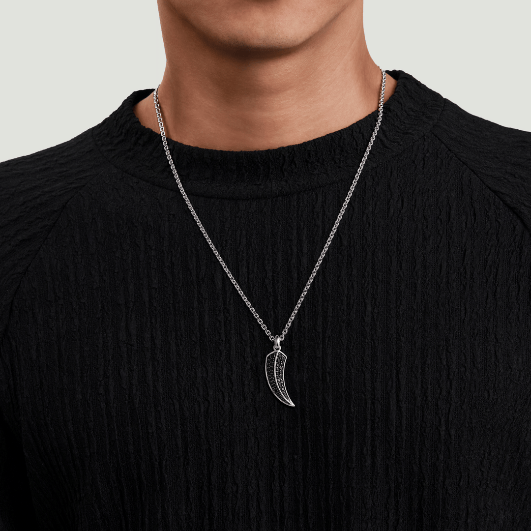 Silver Black Spinel Horn Pendant Necklace
