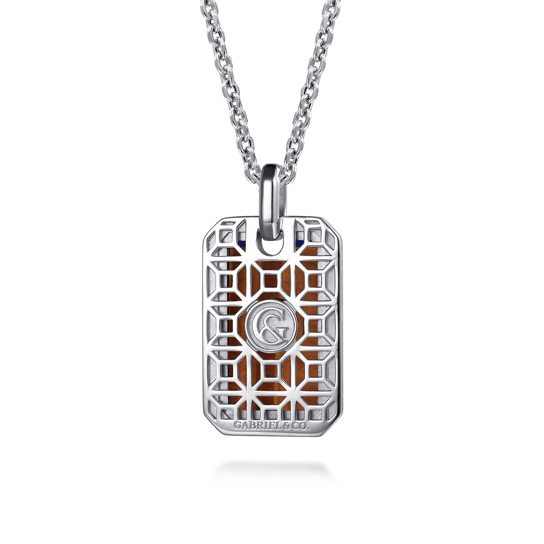 Silver Yellow Tiger Eye Dog Tag Pendant Necklace