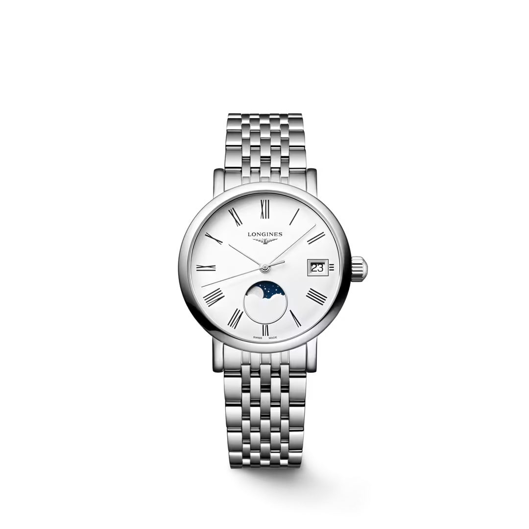 L43304116 | Longines | Elegant 30mm Steel Watch, MoonPhase White Roman Dial