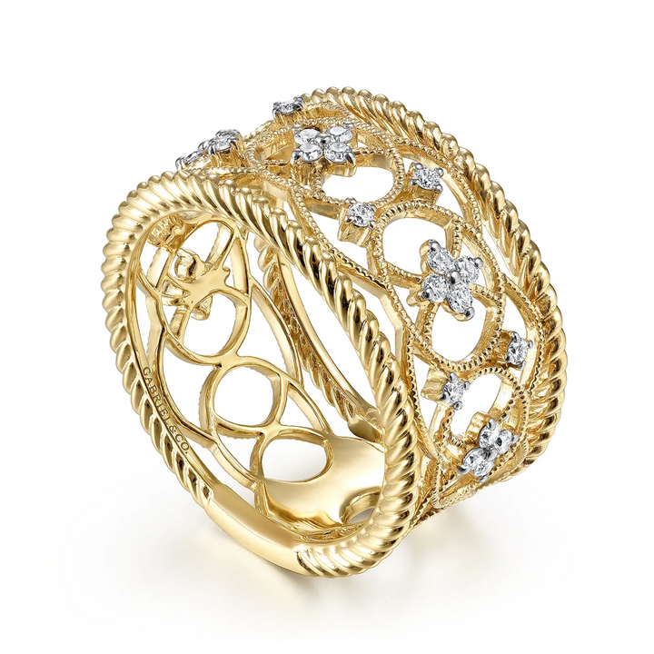 14K Yellow Gold Wide Open Work Diamond Ring with Twisted Rope Edge