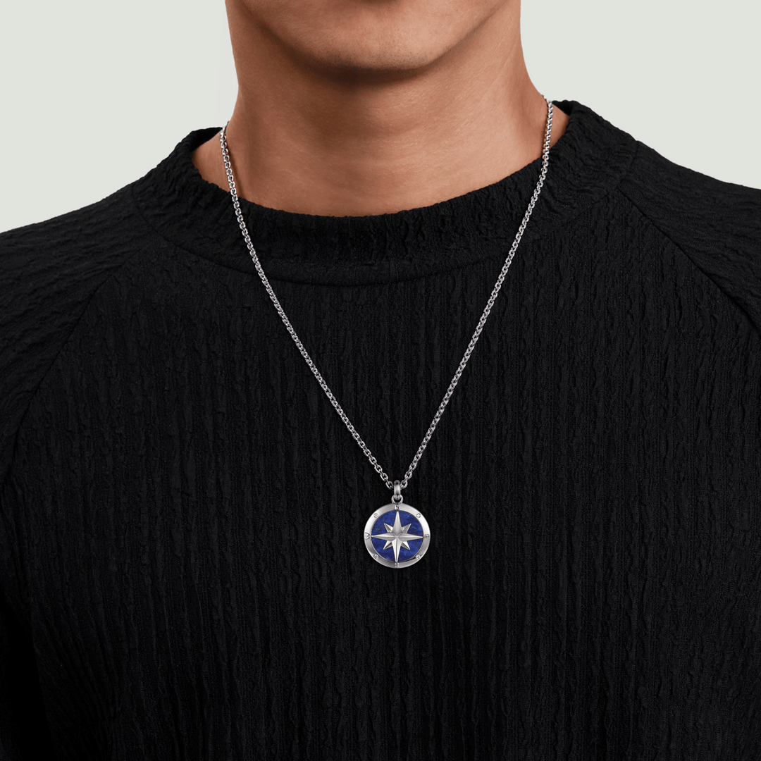 Silver Diamond and Lapis Compass Pendant Necklace
