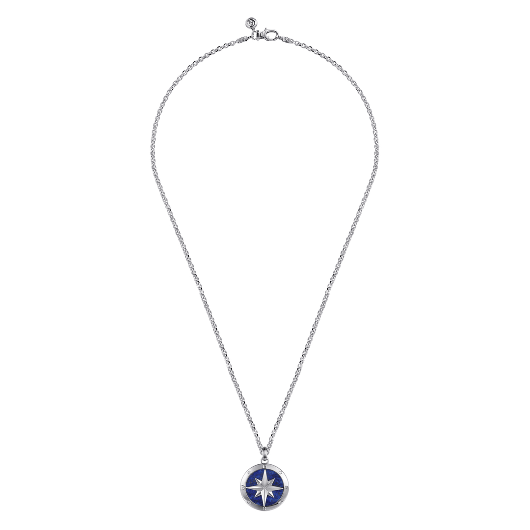 Silver Diamond and Lapis Compass Pendant Necklace