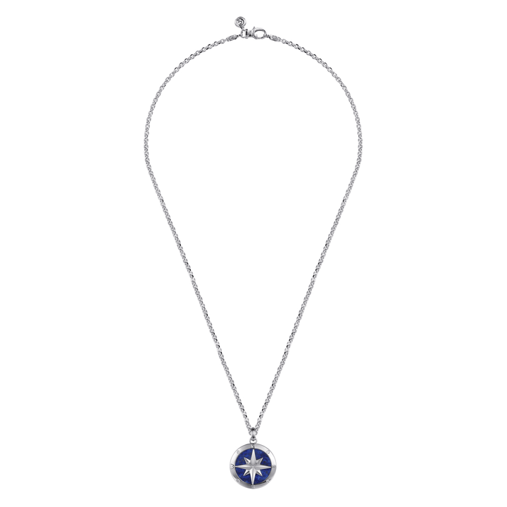 Silver Diamond and Lapis Compass Pendant Necklace