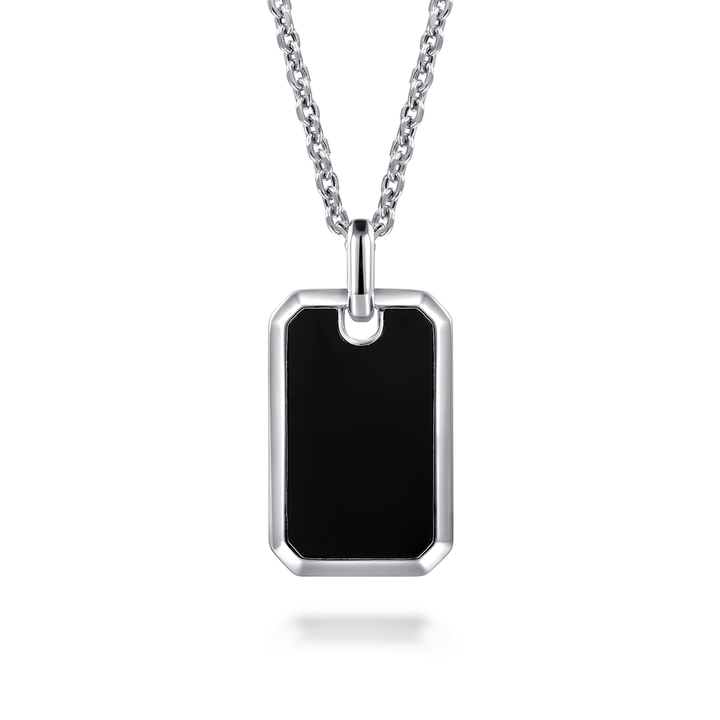 Silver Onyx Dog Tag Pendant Necklace
