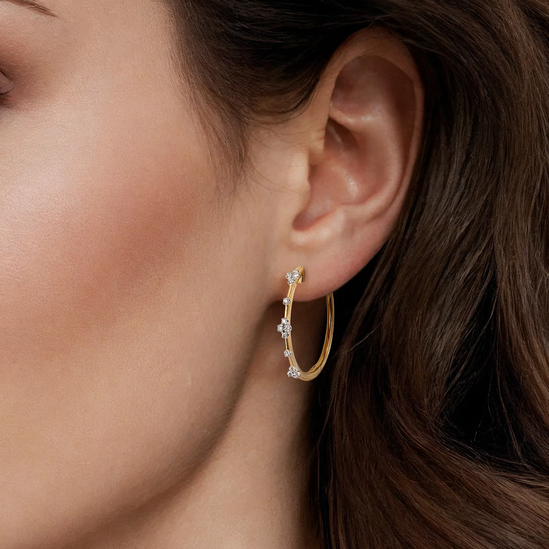 Yellow Gold 20mm Round Classic Diamond Hoop Earrings