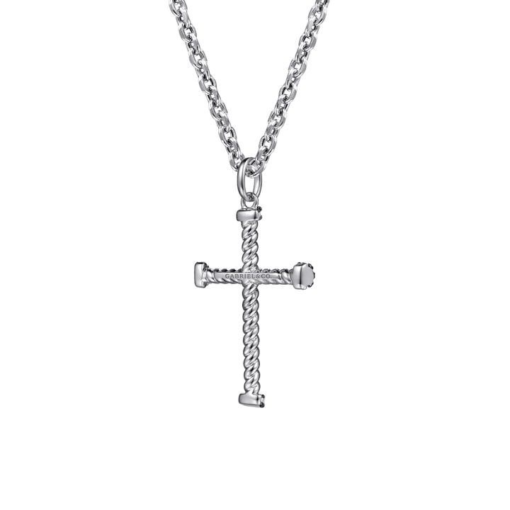 Silver Black Spinel Twisted Rope Cross Pendant Necklace