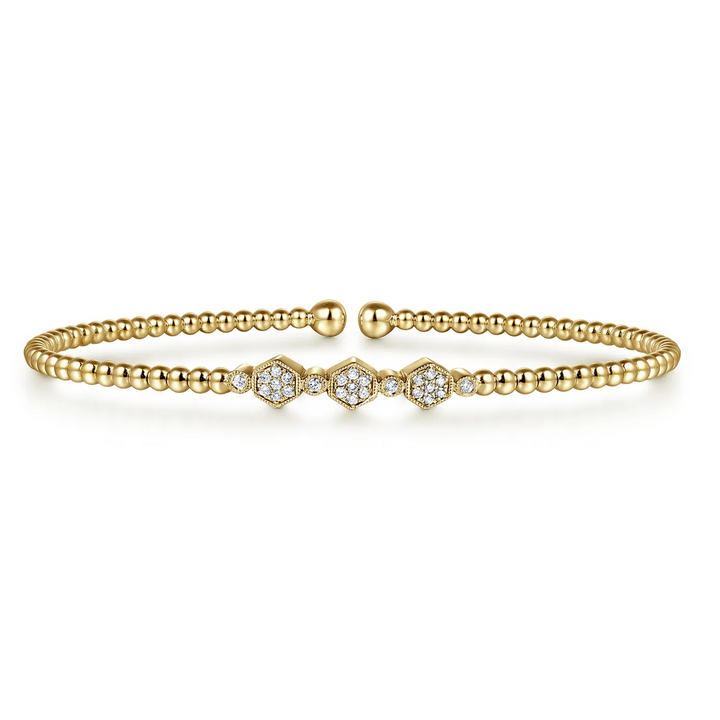Hexagonal Diamond Yellow Gold Bangle Bracelet