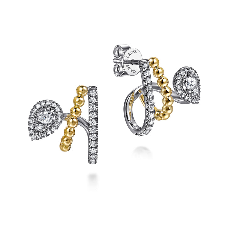 14K White Yellow Gold Bujukan Diamond J Hoop Stud Earrings