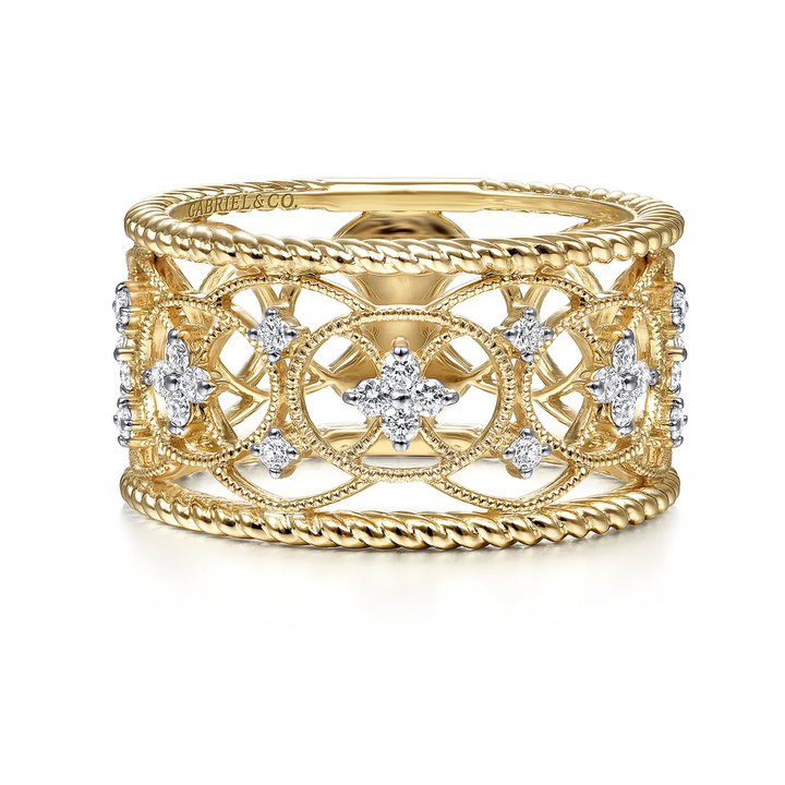 14K Yellow Gold Wide Open Work Diamond Ring with Twisted Rope Edge