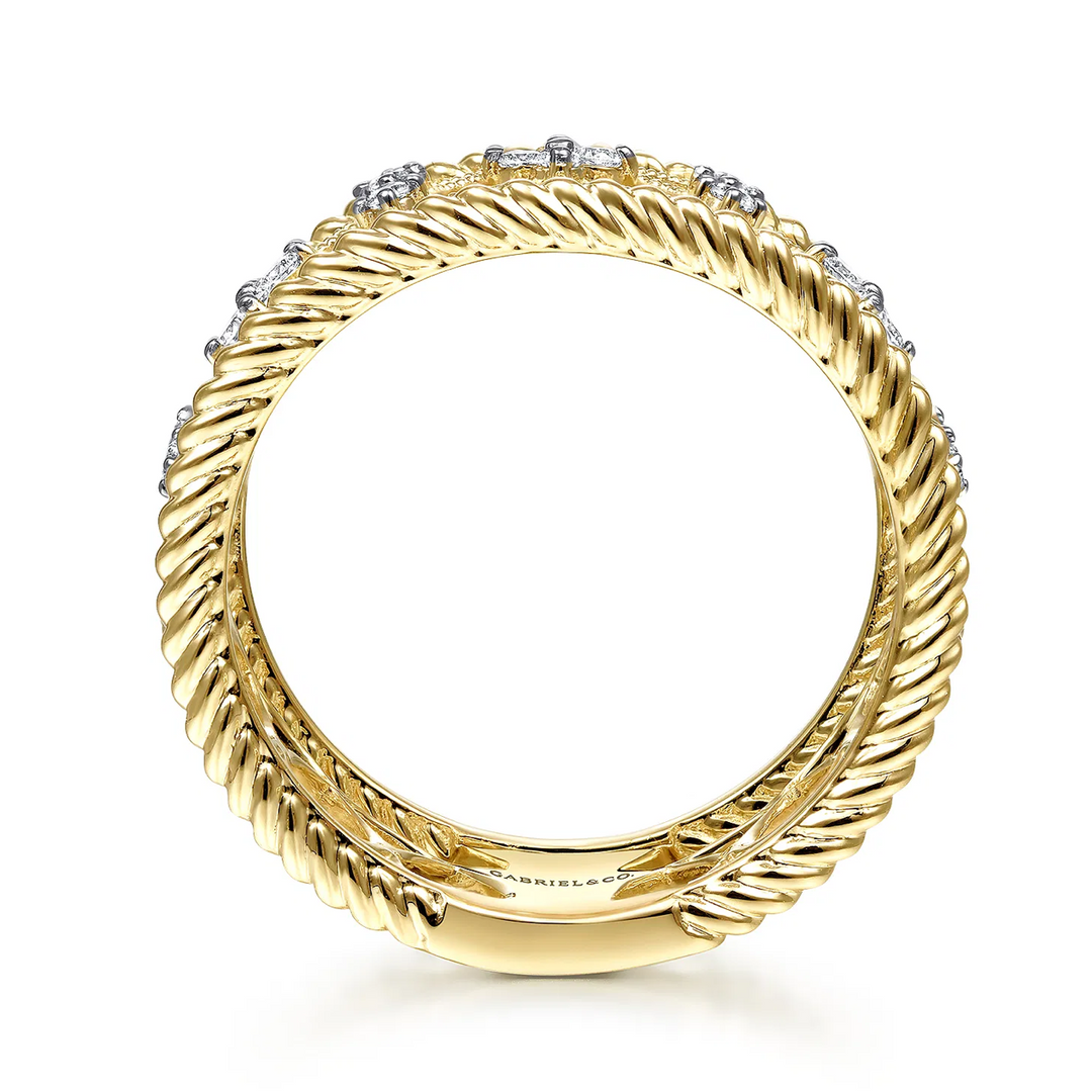 14K Yellow Gold Wide Open Work Diamond Ring with Twisted Rope Edge