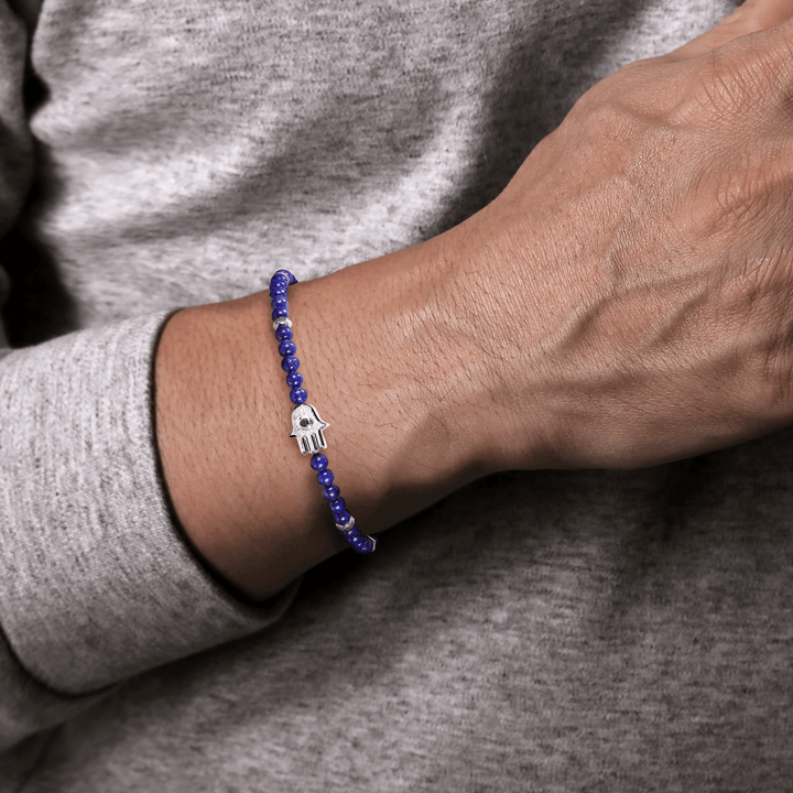 Silver and Lapis Mens Bracelet with Black Spinel Hamsa