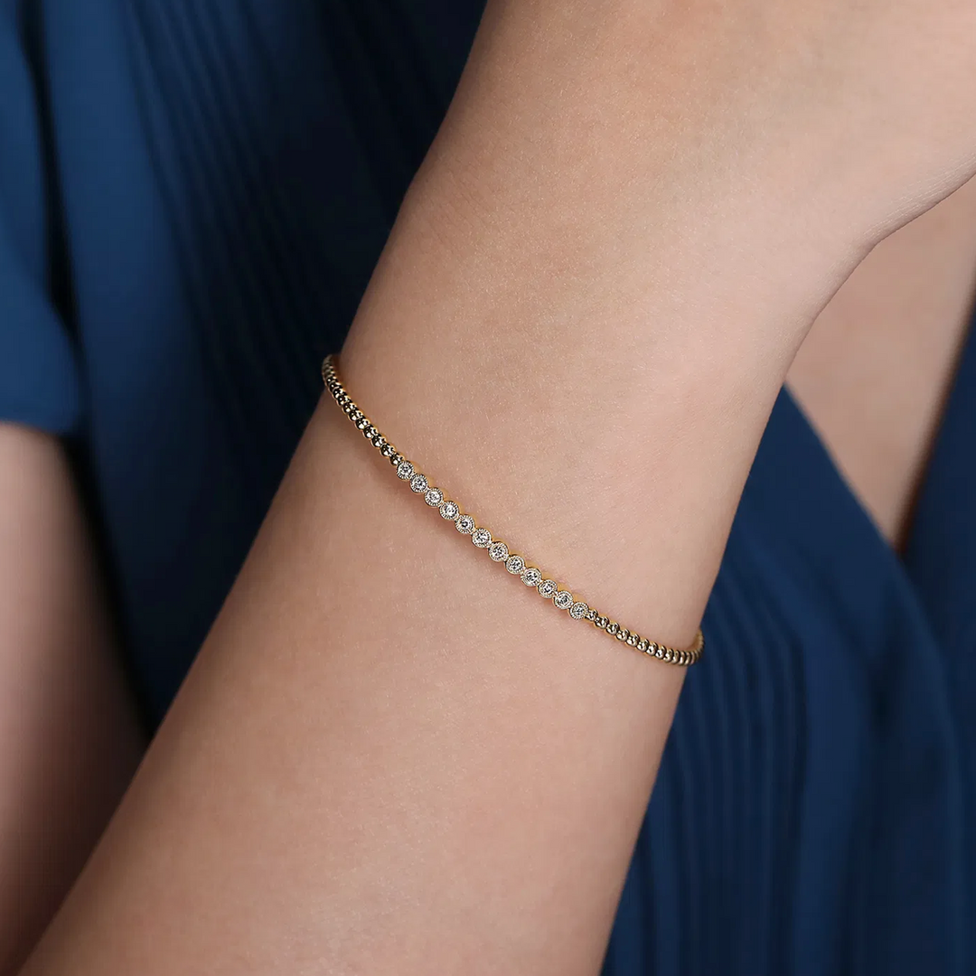 Yellow Gold Beaded Bangle Cuff Bracelet with Diamonds - Lock