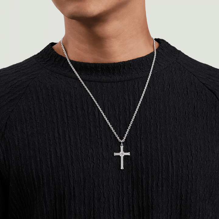 Silver Twisted Rope Cross Pendant with X Center