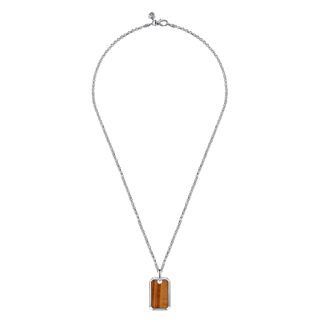 Silver Yellow Tiger Eye Dog Tag Pendant Necklace