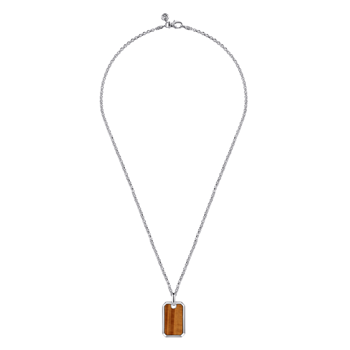 Silver Yellow Tiger Eye Dog Tag Pendant Necklace