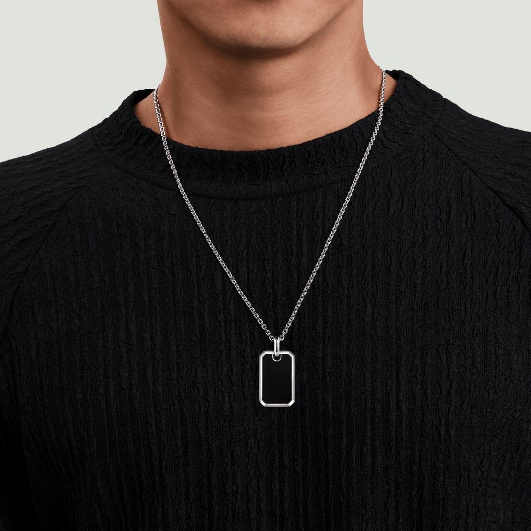 Silver Onyx Dog Tag Pendant Necklace
