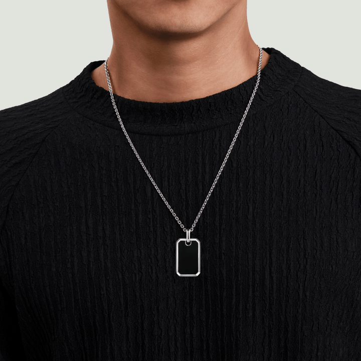 Silver Onyx Dog Tag Pendant Necklace