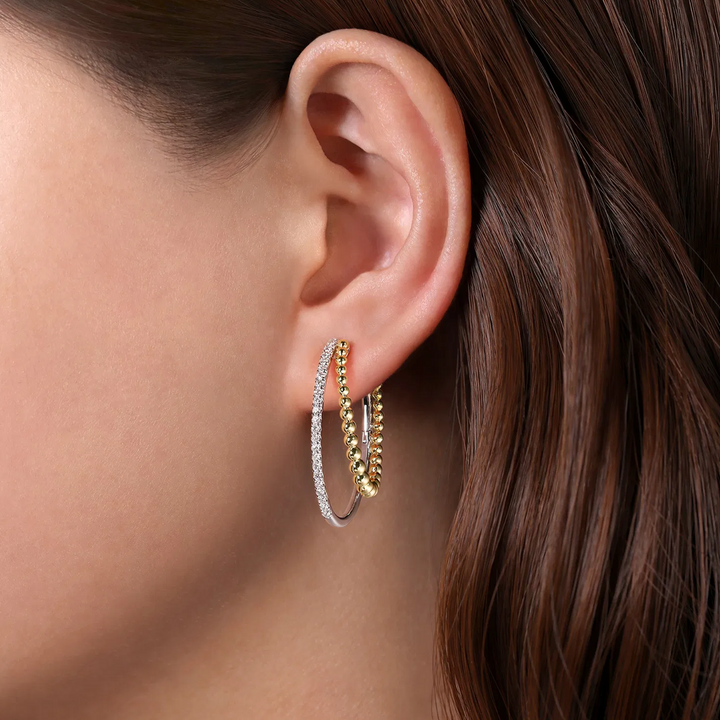 14K Yellow-White Gold 30mm Split Diamond Bujukan Classic Hoop Earrings