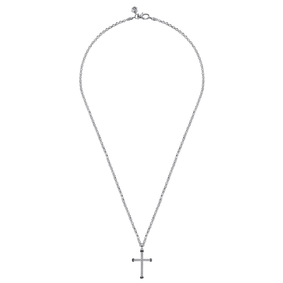 Silver Black Spinel Twisted Rope Cross Pendant Necklace