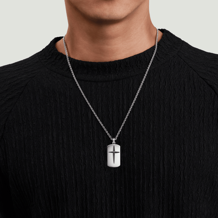 Silver Cross Dog Tag Pendant Necklace