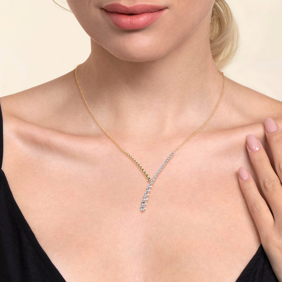 14K White and Yellow Gold Bujukan Beads and Diamond Y Necklace
