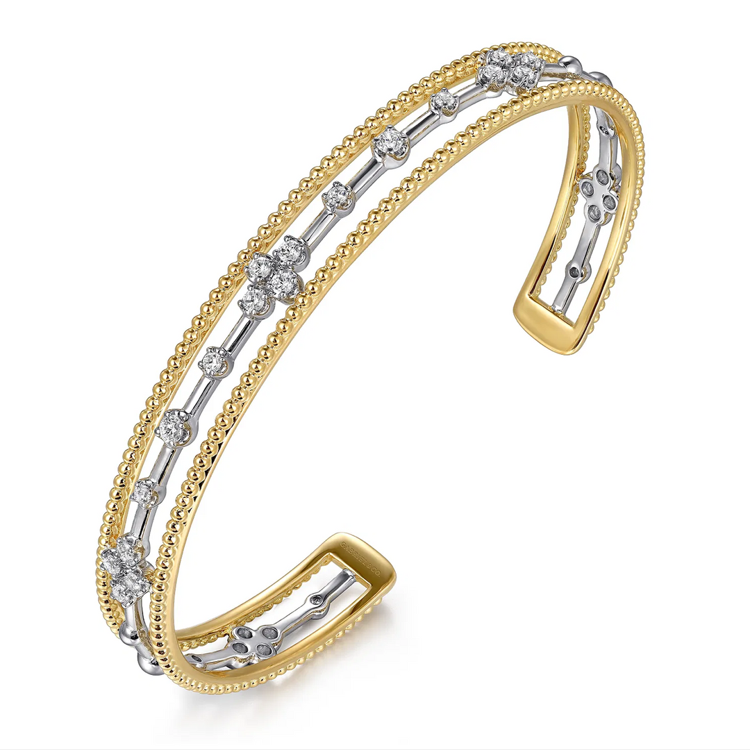White and Yellow Gold Beaded Diamond Cuff Bangle Bracelet