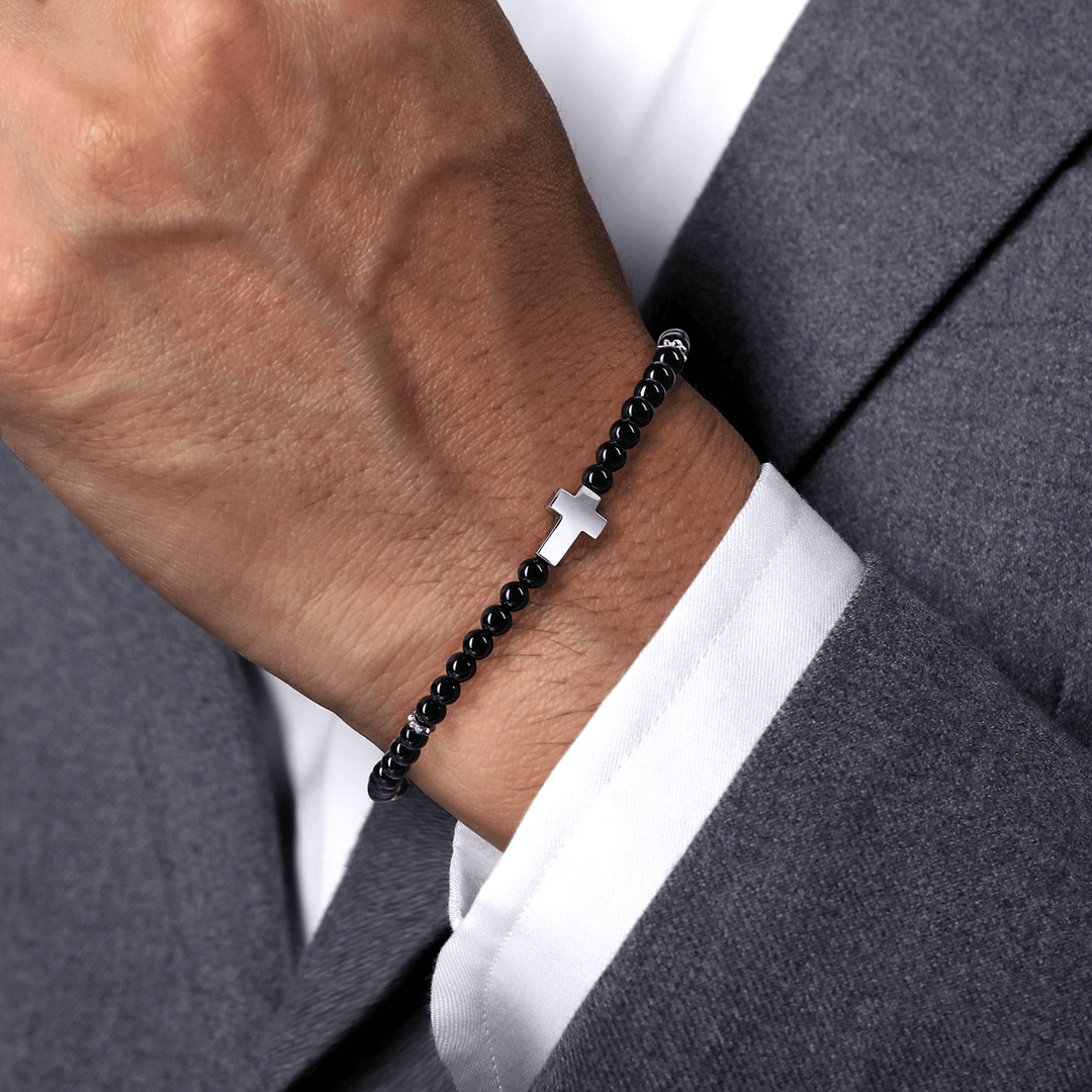 Silver Onyx Beads Cross Bracelet