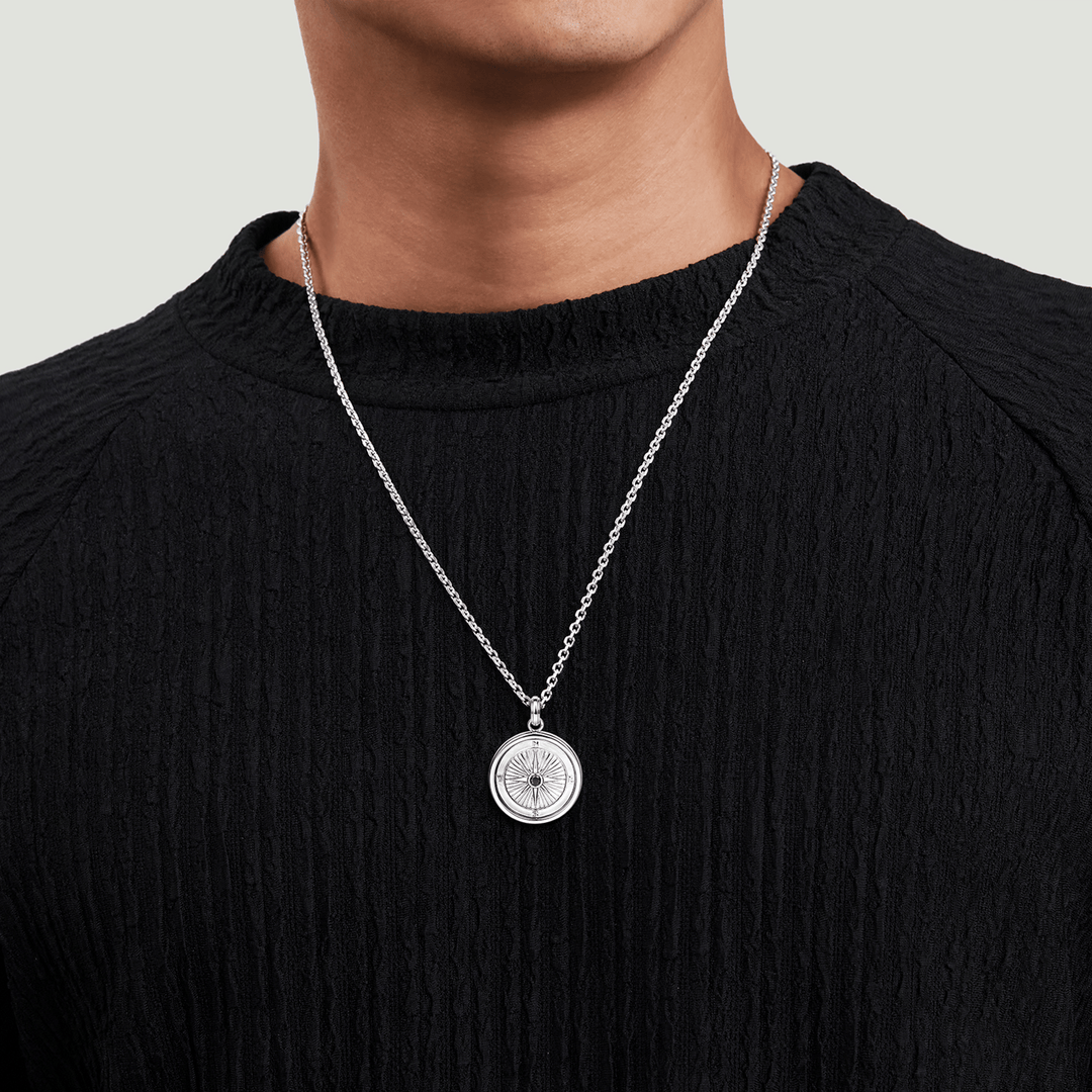 Compass Pendant Silver Black Spinel