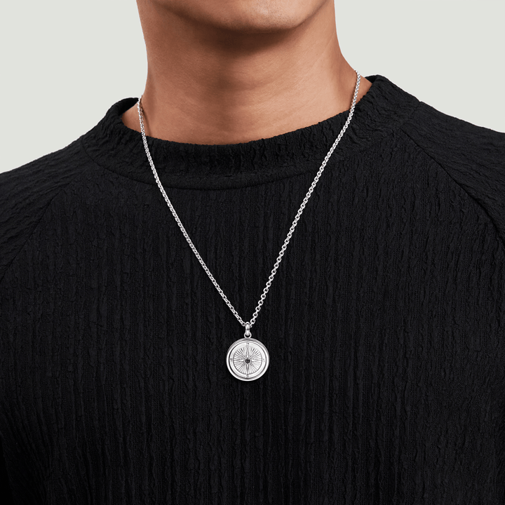 Compass Pendant Silver Black Spinel