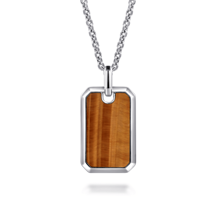 Silver Yellow Tiger Eye Dog Tag Pendant Necklace