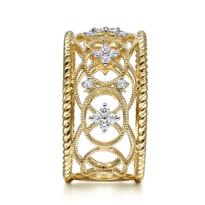 14K Yellow Gold Wide Open Work Diamond Ring with Twisted Rope Edge