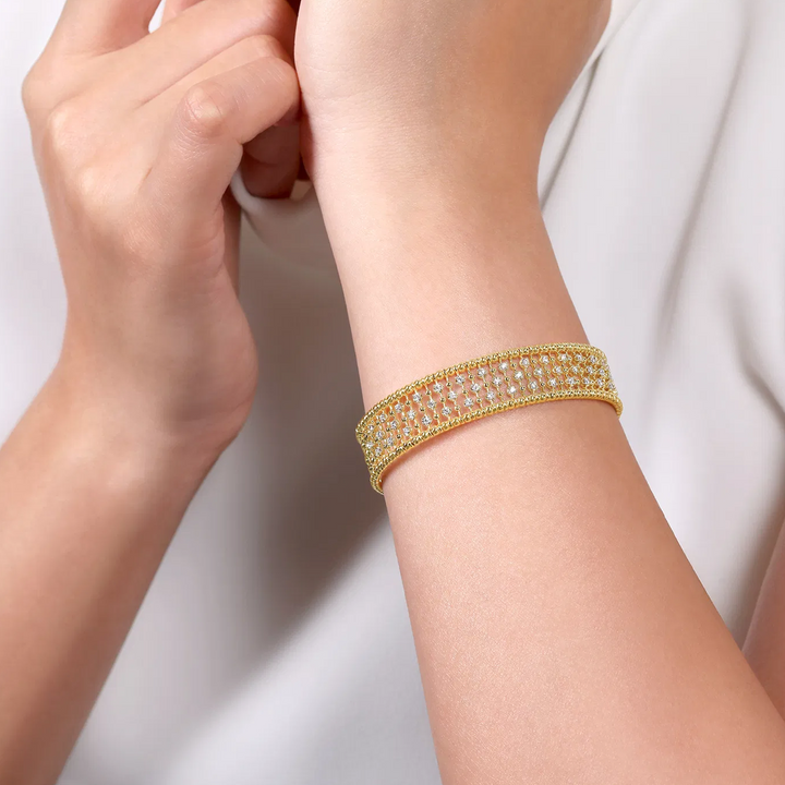 14K Yellow Gold Wide Diamond Cage Cuff Bracelet