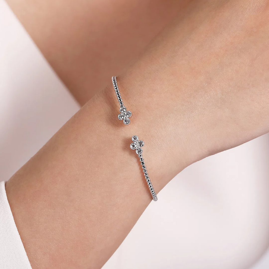 White Gold Bead Split Cuff Bracelet with Quatrefoil Diamond Endcaps