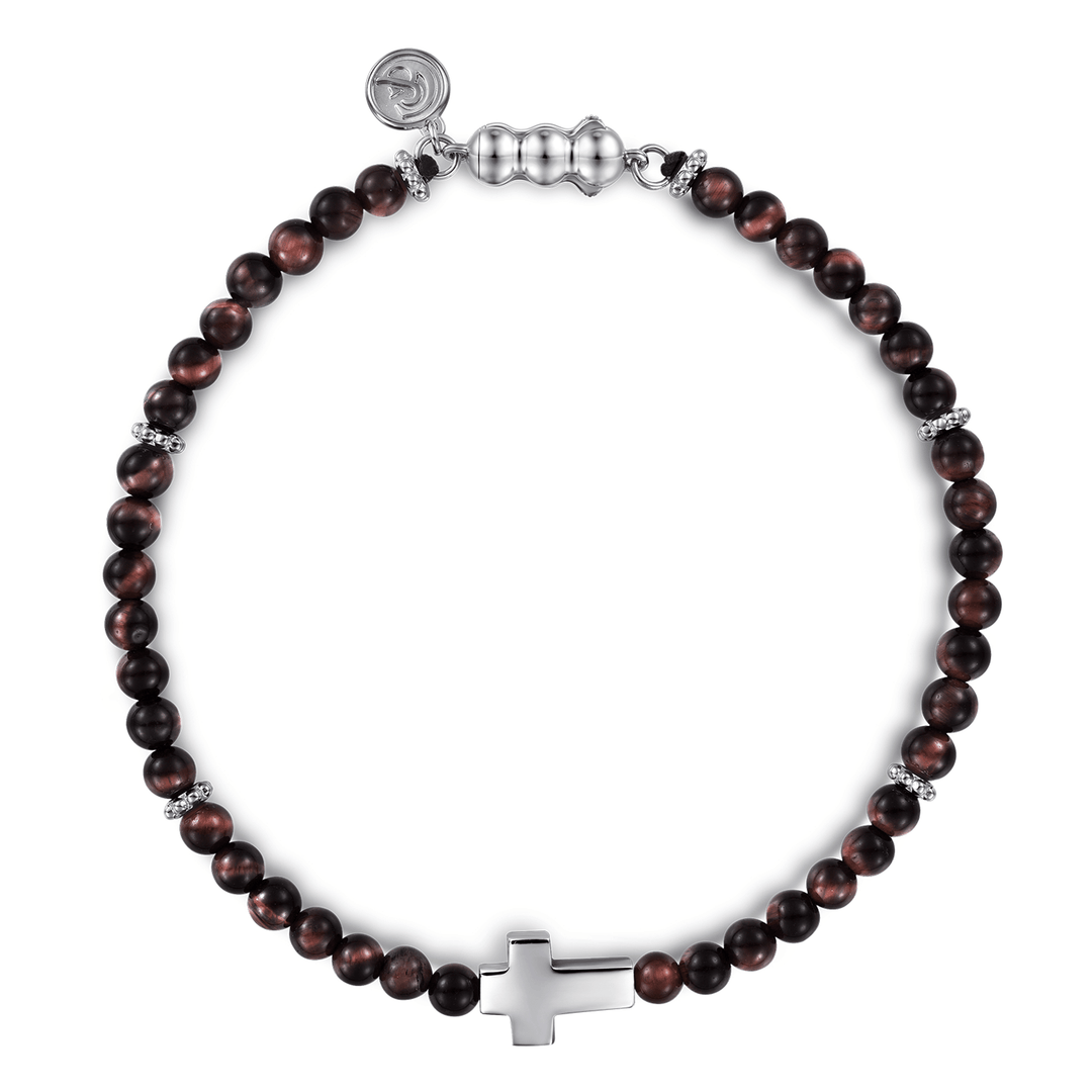 Silver Cross Bracelet with Tiger Eye Beads