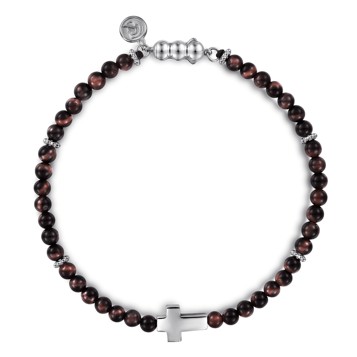 Silver Cross Bracelet with Tiger Eye Beads