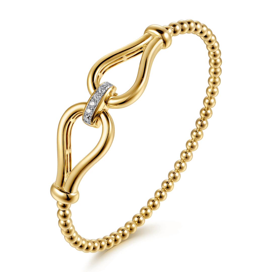 Strides - 14K Yellow Gold Bujukan Beads Diamond Stirrup Cuff Bangle Bracelet